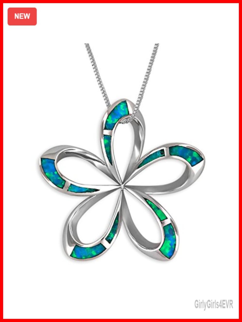 Sterling Silver Synthetic Blue Opal Open Plumeria Pendant Necklace